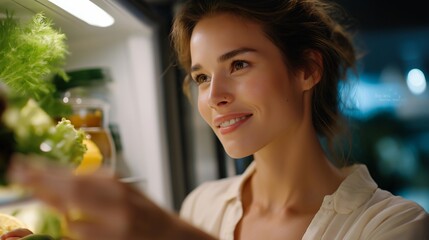 A shopper placing “buy less, choose well” reminders on their fridge and wardrobe, practicing mindful consumption at home — intentional living, anti-overconsumption habits, and value-driven