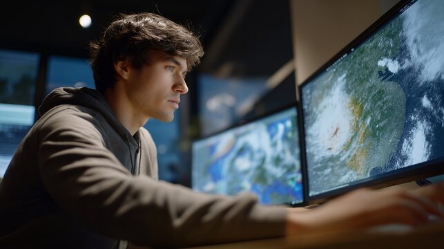 A weather scientist controlling a supercomputer simulation of impending storms, data clouds swirling as variables shift in real time — climate forecasting control, atmospheric modeling, and extreme - Powered by Adobe