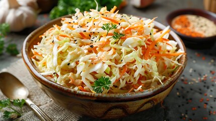 A close up of coleslaw in a bowl with parsley and black sesame seeds on a grey surface near garlic