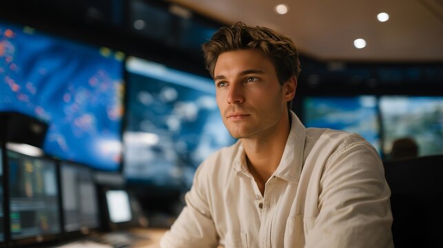 A dockyard logistics coordinator inside a control tower filled with screens showing ship schedules, cargo routes, and weather patterns &mdash; command-center operations, smart port management, and