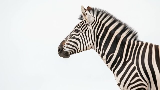 Striking black and white zebra portraits set against a clean white backdrop captures the natural
