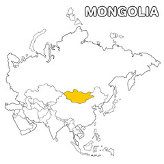 Mongolia country highlighted in yellow on Asia continent map detailed vector illustration, for projects and presentation	