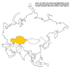 Obraz premium Kazakhstan country highlighted in yellow on Asia continent map detailed vector illustration, for projects and presentation 