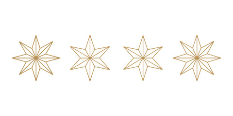 A collection of golden geometric star outlines arranged in a horizontal row on an isolated white background