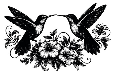 Fototapeta premium Hand drawn line art illustration of two hummingbirds depicting a tropical floral arrangement for decoration