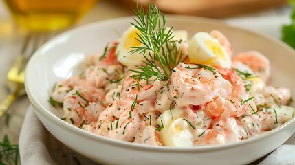 A bowl of shrimp salad with boiled eggs and dill sprigs on a white surface ready to be served now