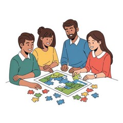 Group of Friends Assembling Jigsaw Puzzle.