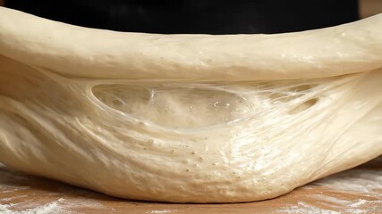 Closeup view of skilled hands meticulously kneading a large soft and elastic mass of raw dough on a floured wooden surface showcasing the essential process of preparing homemade bread or pizza crust .