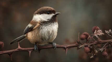 Obraz premium Fluffy bird perches on thorny branch in garden setting during the soft morning light