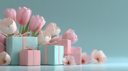 Gift boxes, and colorful tulip flowers set on blue background with copy space for text.