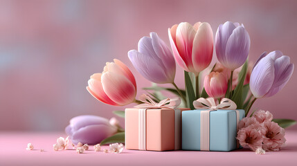 Gift boxes, and colorful tulip flowers set on pastel pink background with copy space for text.