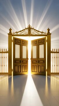 Ornate golden gate slightly ajar with bright light shining through casting beams and shadows on a white tile floor