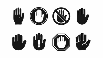 Obraz premium Hand Gesture Icons Set in Black Style, Stop, Warning, Protection and Touch Symbols Isolated on White Background