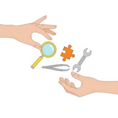 Hands Holding Tools and Puzzle Piece.