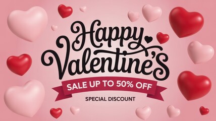 Happy Valentine's Day Sale Banner with Red and Pink Hearts on Pink Background