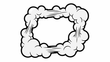 A dynamic comic book style rectangular frame formed by light gray smoke clouds with black outlines and speed lines