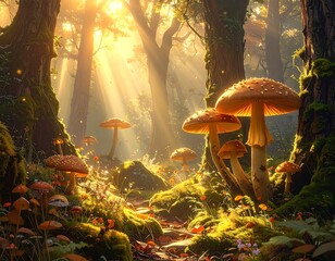 Enchanting forest scene with mushrooms and sunbeams