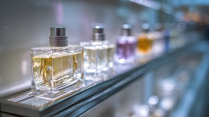 Acrylic shelving display featuring refined perfume bottles in sharp focus with the sleek modern design of the translucent rack subtly out of focus behind.
