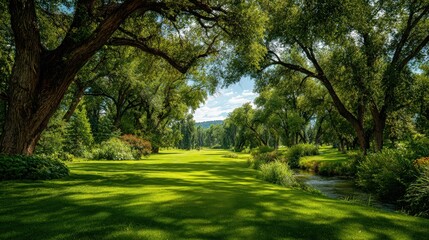 Vibrant green lawn and trees create a natural landscape in summer sunlight with a river running through the scenery in a lush park setting