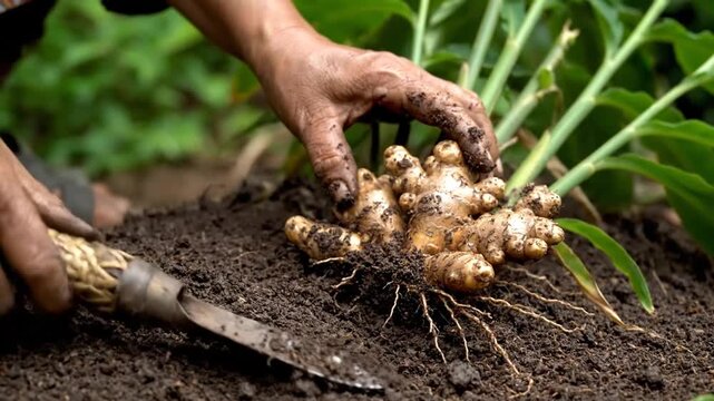 Hands Planting Ginger Rhizome in Fertile Soil Garden Cultivation Organic Farming Spices Growing Herbal Medicine