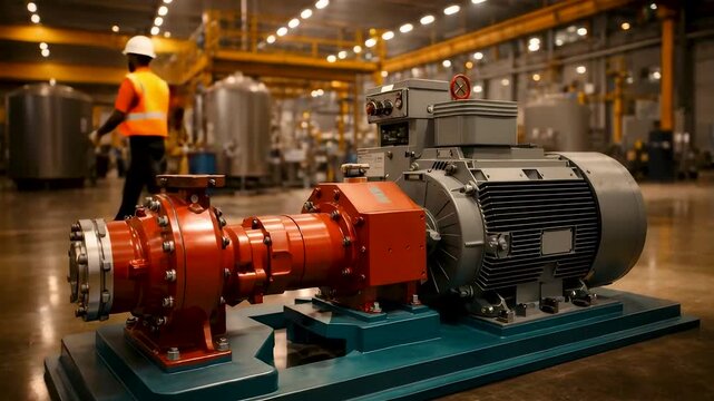 Heavy industrial electric motor and gearbox assembly installed on factory floor with worker supervision, steel machinery and warm lighting