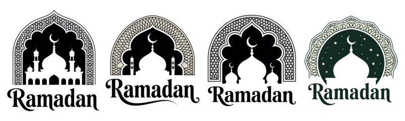 Ramadan greeting design featuring mosque silhouette inside ornate arch frame and calligraphy © MuniraStyles