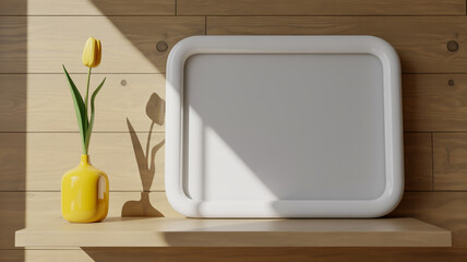 A yellow vase with a single tulip flower next to a white rectangular tray on a wooden shelf