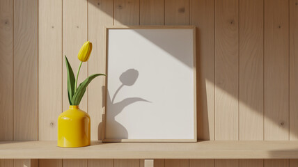 A yellow vase with a single yellow tulip next to a blank white frame on a wooden shelf