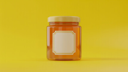 Amber-colored glass jar with white label on yellow background honey