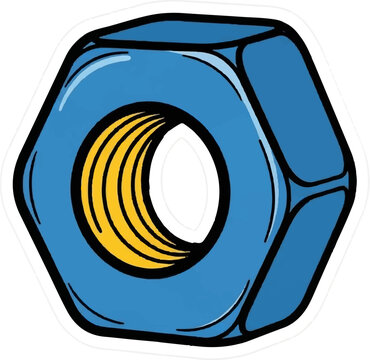 A blue hexagonal nut with yellow threaded interior and black outline