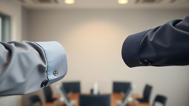 cuffs. Two business sleeves overlap elegantly, showcasing fine fabric textures against a neutral office background. pitch deck slides.