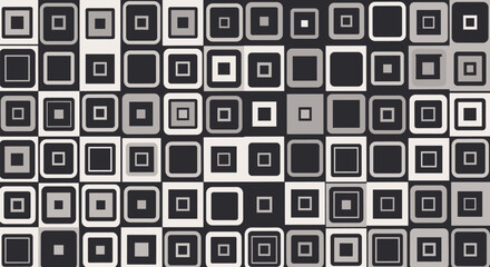 Modern abstract pattern consisting of multiple squares and rounded rectangles in various shades of black, white, and dark gray.