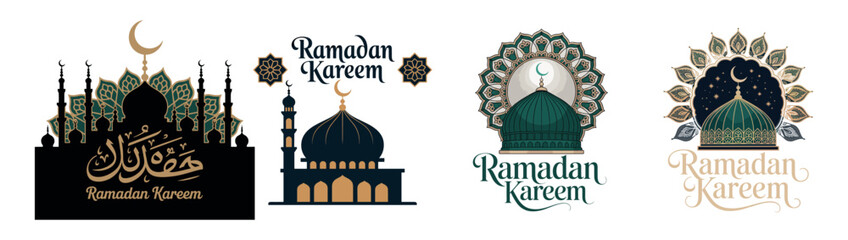 Elaborate set of Ramadan Kareem designs featuring stylized mosques intricate patterns and Arabic calligraphy