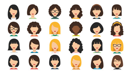 Comprehensive grid of female head avatars showcasing diverse hairstyles, hair colors, and facial characteristics for profiles.