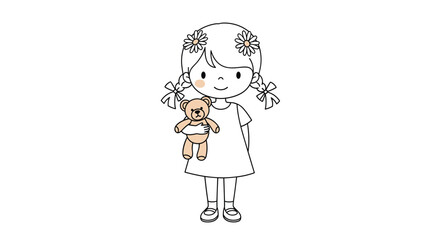 Sweet illustration of a little girl in a dress with flowers in her hair, cuddling her favorite brown teddy bear.