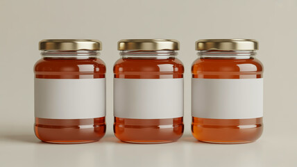 Three amber glass jars with gold lids and white labels on a white background