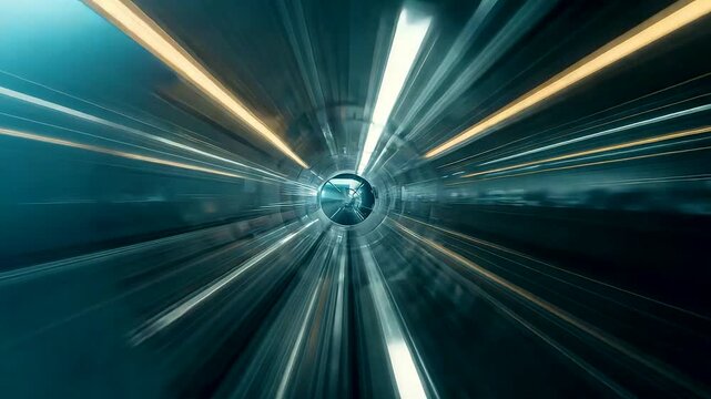 High speed tunnel transit with motion blur light streaks creating dynamic depth perspective and immersive urban transport experience