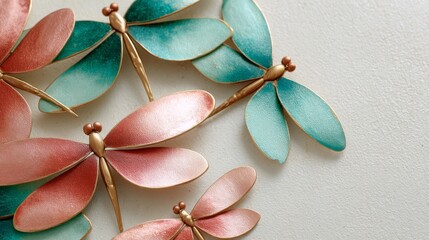 Vibrant teal and coral dragonfly brooches with shimmering wings arranged on a clean ivory background, showcasing delicate craftsmanship and colorful metallic textures with ample copy space
