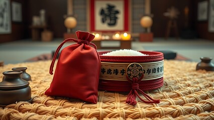 dohyo. Salt pouch and decorative belt on a sumo ring, traditional Japanese elements, ceremonial arrangement. event key visuals.
