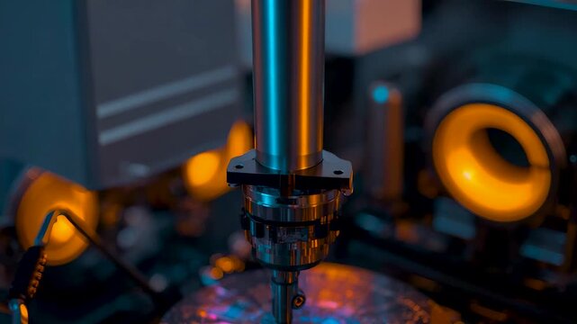 Precision industrial machining spindle operating over metal surface with glowing coolant inside advanced manufacturing workshop