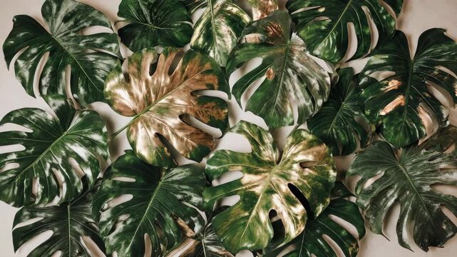Tropical Monstera Deliciosa Leaves Closeup View.