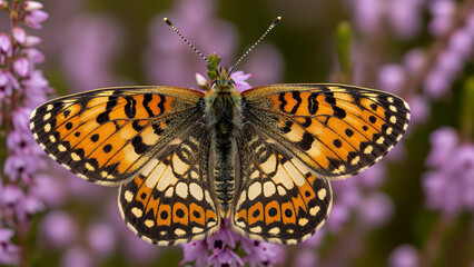 Naklejka premium Orange Butterfly with Black Spots on Purple Flowers