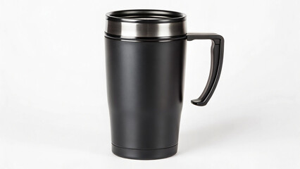 Black travel mug with stainless steel lid and handle on a plain background