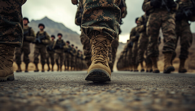 Close-up of men soldiers legs in uniform and boots on the sand ground. Marching at military camp. Leather shoe in sand color and brown camouflage pants