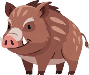 Fototapeta premium A charming, stylized cartoon wild boar stands with a friendly expression, showcasing tusks and a pink snout