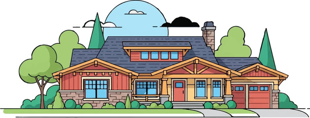 Fototapeta premium A charming, stylized illustration of a multi-level home with a stone foundation, red siding, and a welcoming yellow porch