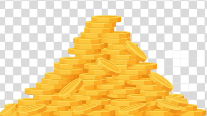 A large, cartoonish pile of golden coins and currency on a transparent background