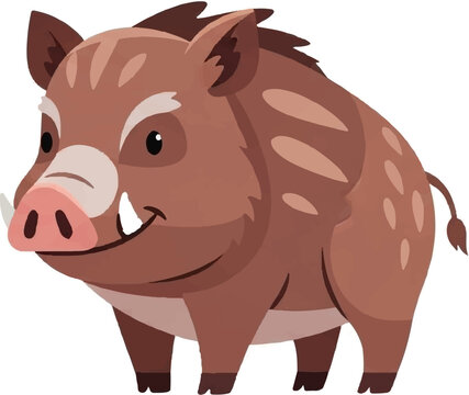 A charming, stylized cartoon wild boar stands with a friendly expression, showcasing tusks and a pink snout