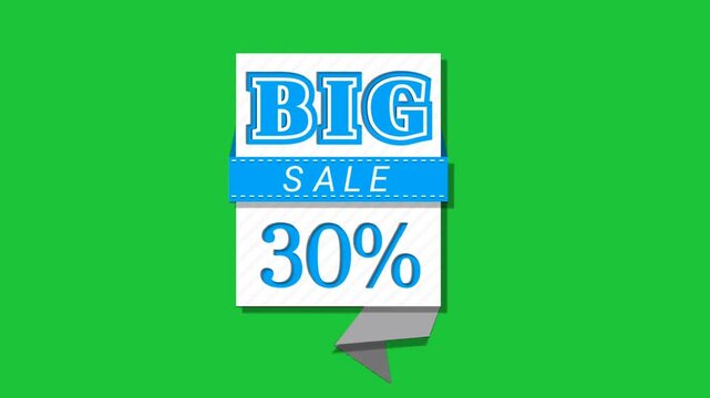 Big sale 30 percent banner animation on green screen, clean modern vertical label with ribbon, simple retail promotional graphic
