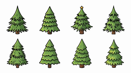 A collection of eight stylized green fir trees on a white background